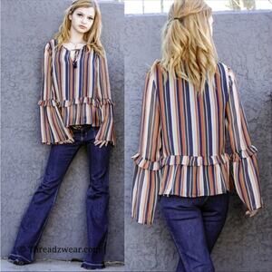 Gilli Orange & Cream Multicolor Striped Wide Sleeve Blouse Size‎ S